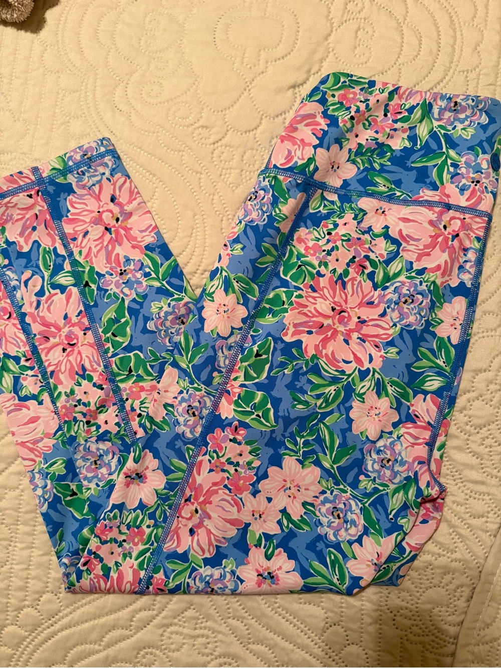 Lilly Pulitzer Blue Floral Leggings with Pink & Green Accents